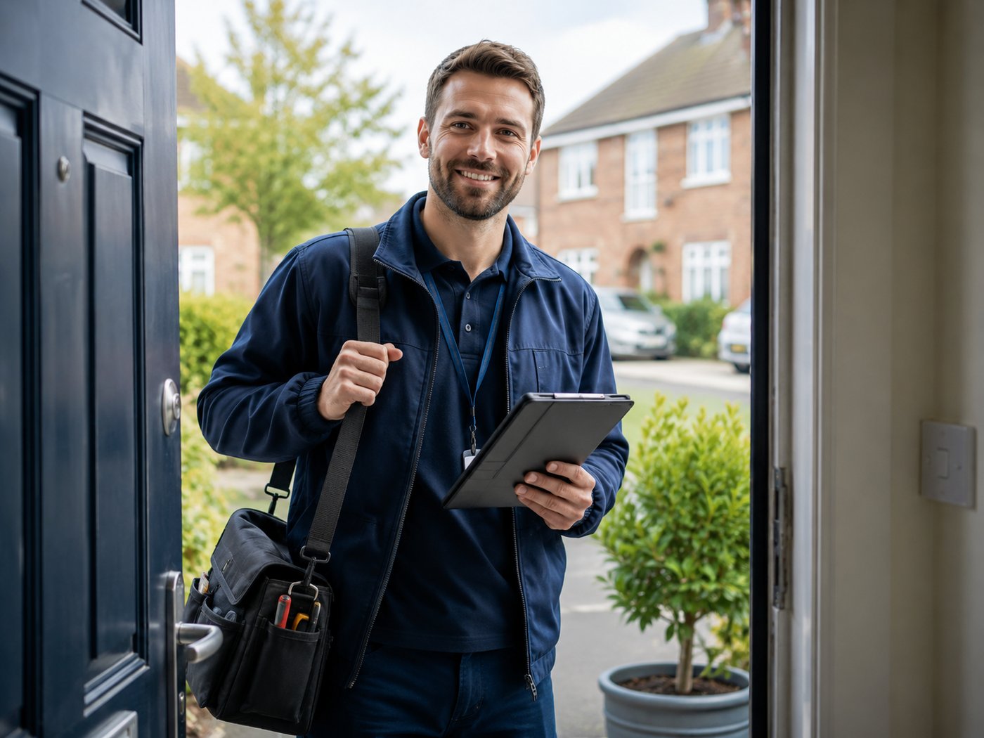 Local Exeter compliance engineer arriving at a rental property with tablet and tool bag